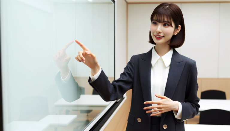Dall·e 2023 10 16 13.17.19 close up shot of a vibrant 20s japanese female educator, in a polished outfit, standing in a modern seminar room, pointing and explaining concepts usi