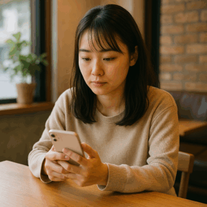 カフェのテーブルで今日のデートを思い返しながらスマホのメモアプリに出来事を整理している日本人女性の写真風イメージ