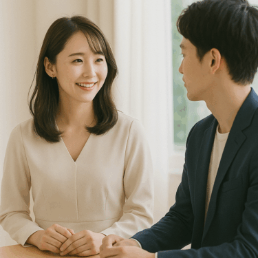 婚活パーティーで出会い、笑顔で話す30代男女のツーショット