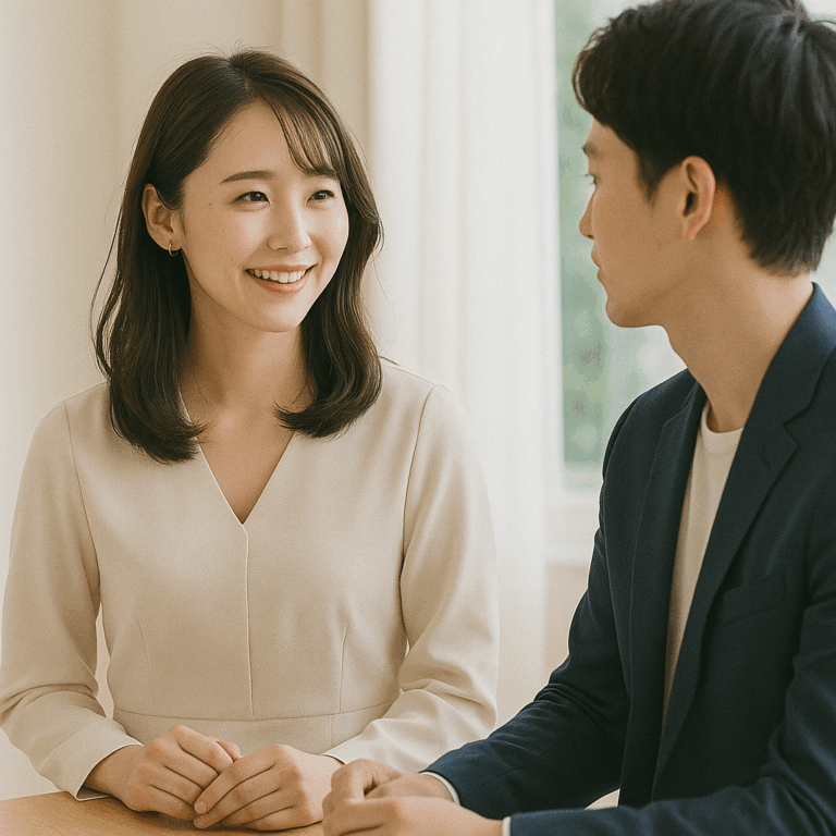 婚活パーティーで出会い、笑顔で話す30代男女のツーショット