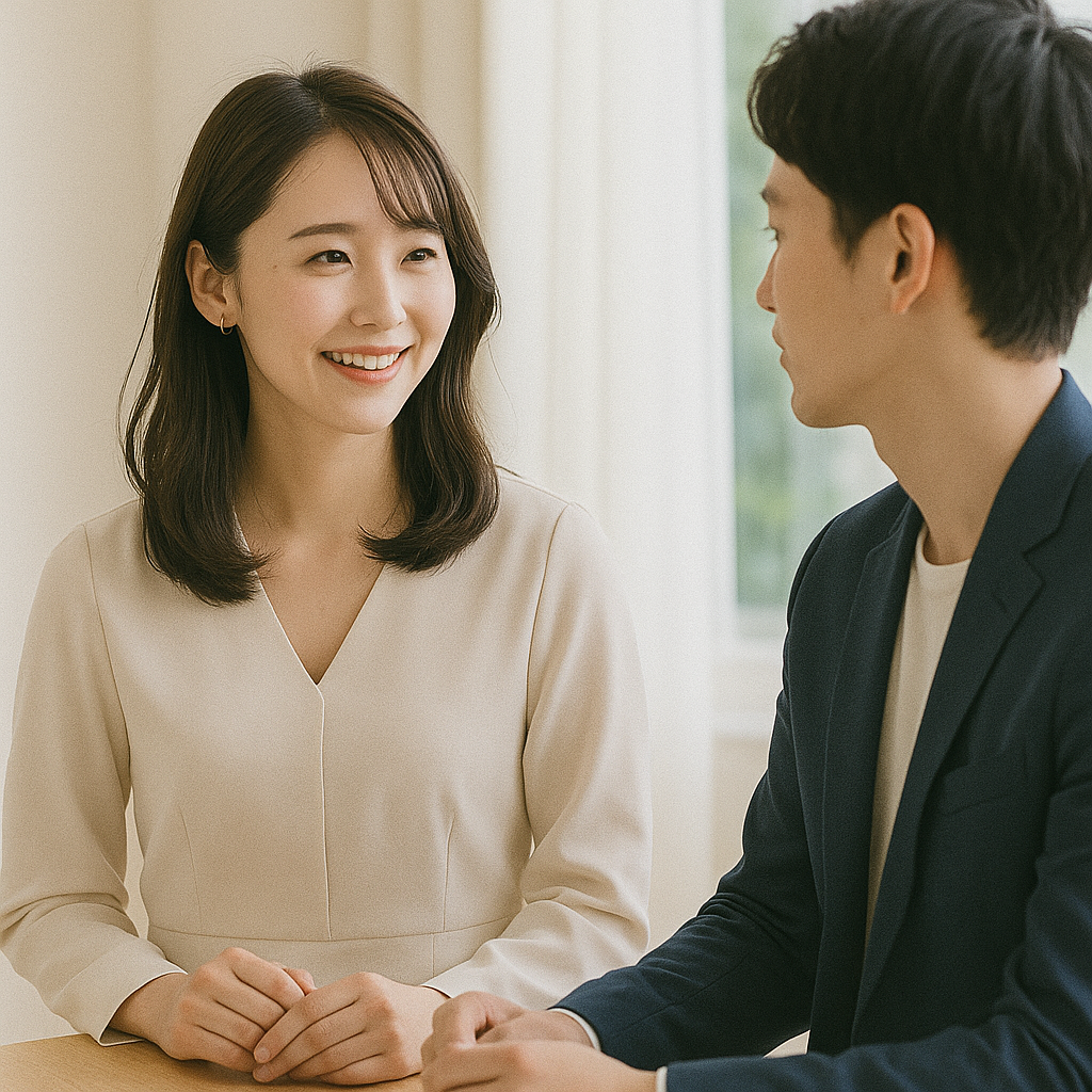 婚活パーティーで出会い、笑顔で話す30代男女のツーショット