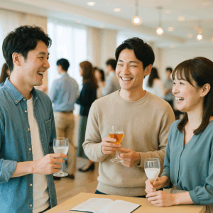 婚活パーティー会場で楽しげに談笑する男女のグループ