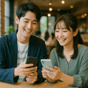 パーティー後、LINE交換し笑顔でやりとりする男女