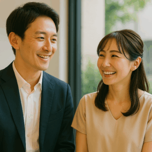 婚活パーティーで清潔感のある服装をした日本人女性と男性が対面で話す様子