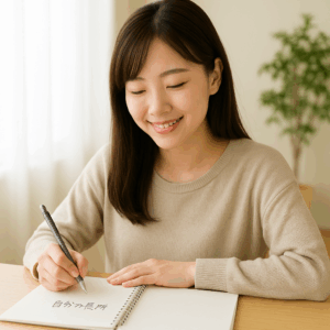 明るい部屋でノートに「自分の長所」を書き出して微笑む日本人女性