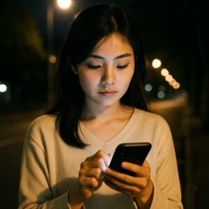 街灯に照らされた夜道で、会話の反省点をスマホにメモする日本人女性の写真風イメージ