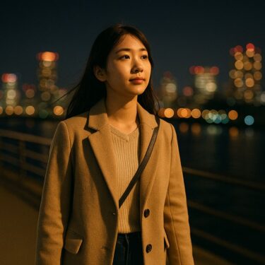 夜景を背景に、これからの恋に希望を抱きながら静かに歩き出す日本人女性
