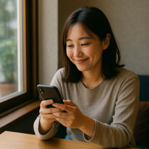 窓際のテーブル席で、日本人女性がスマホに届いたメッセージを読みながら少し照れたように微笑んでいる写真風イメージ