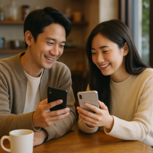 メッセージ画面を見ながら微笑み合う日本人男女が、カフェのテーブル越しにスマホを見せ合っている写真