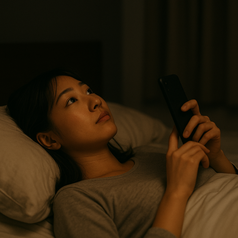 ベッドの上でスマホを手に持ち、天井を見上げながら相手からの返信を待つ日本人女性